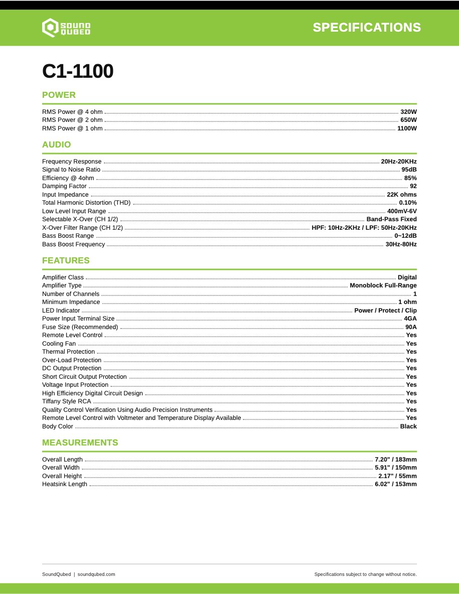 SoundQubed C1-1100 spec sheet