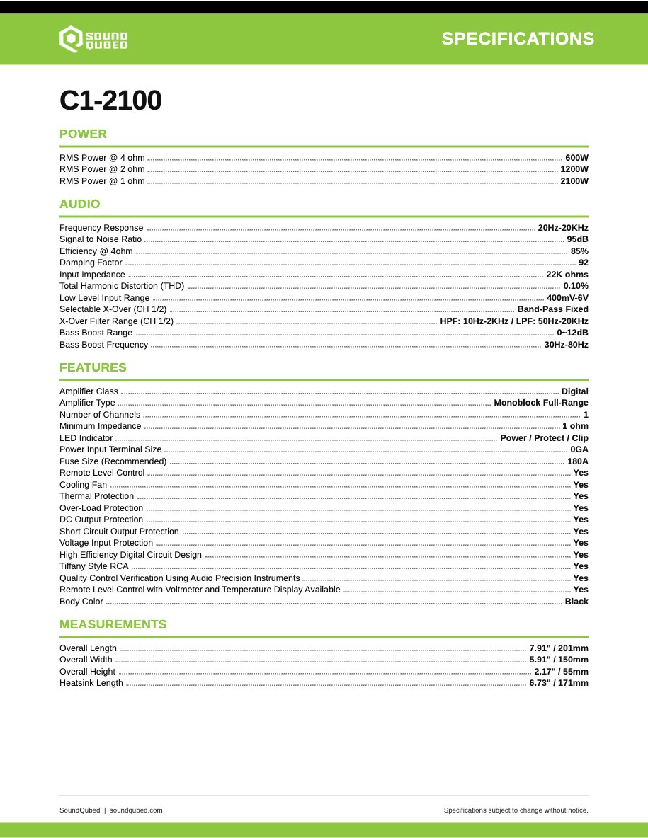 SoundQubed C1-2100 spec sheet