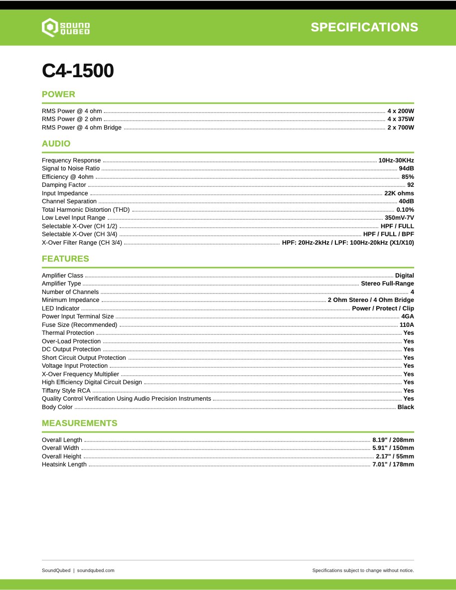 SoundQubed C4-1500 spec sheet