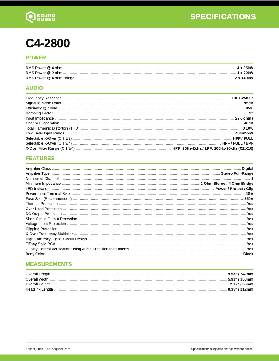 SoundQubed C4-2800 spec sheet