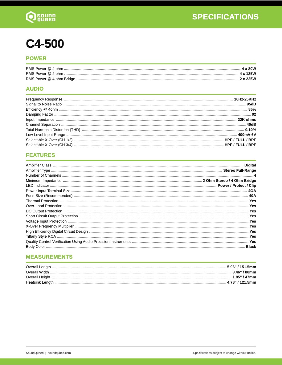SoundQubed C4-500 spec sheet